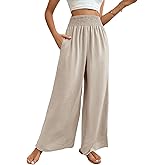 YIGAMA Women Linen Wide Leg Pants High Waist Boho Loose Fit Casual Beach Travel Palazzo Pants