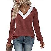 Yousify Women V Neck Striped Shirt Puff Ruffle Trim Long Sleeve Tunics Fall Basic Work Tops Casual Fleece Thermal Shirts