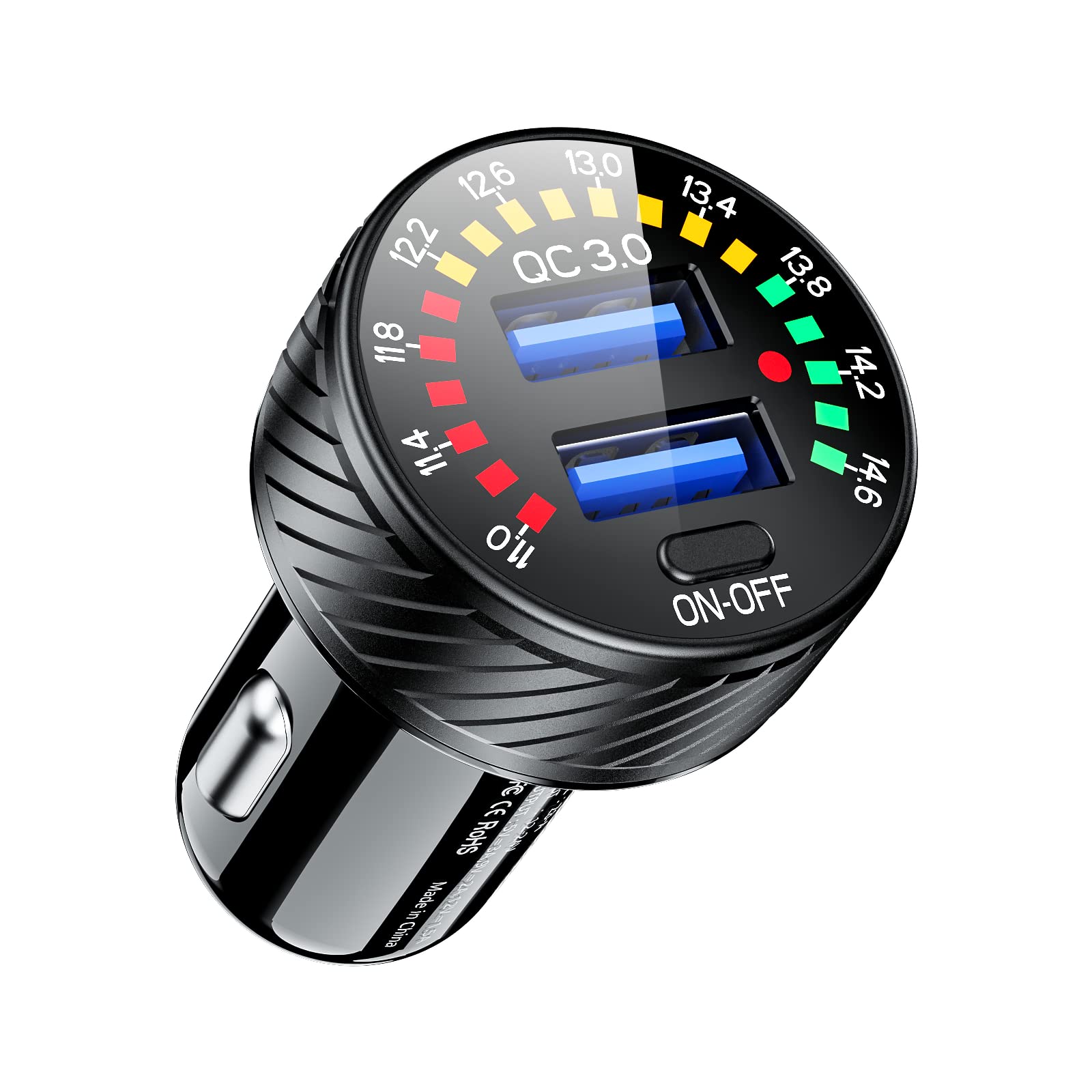 Thlevel Car Charger Adapter Cigarette Lighter USB 36W 3A QC3.0 Dual Port Quick Charge with LED Voltmeter Switch Compatible for Phone Camera