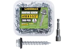 LIONMAX Metal Roofing Screws #10 × 1-1/2 Inch, 300-PCS, Rustpert Coating Hex Head Sheet Metal to Wood Siding Screw with Rubber Washer, Sharp Point, Hex Socket Included