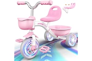 Lighting Tricycles for 1-3 Year Old Toddler Girls,Kids Trike with Adjustable Seat & Storage,Ride On Toys for Preschool 1 2 3 