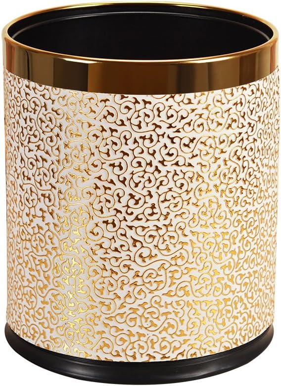 Luxury Metal Waste Bin with Leather Cover,Open Top Office Wastebasket,Double Layer Trash Can,Round Shaped (Golg Carve with Gold Ring)