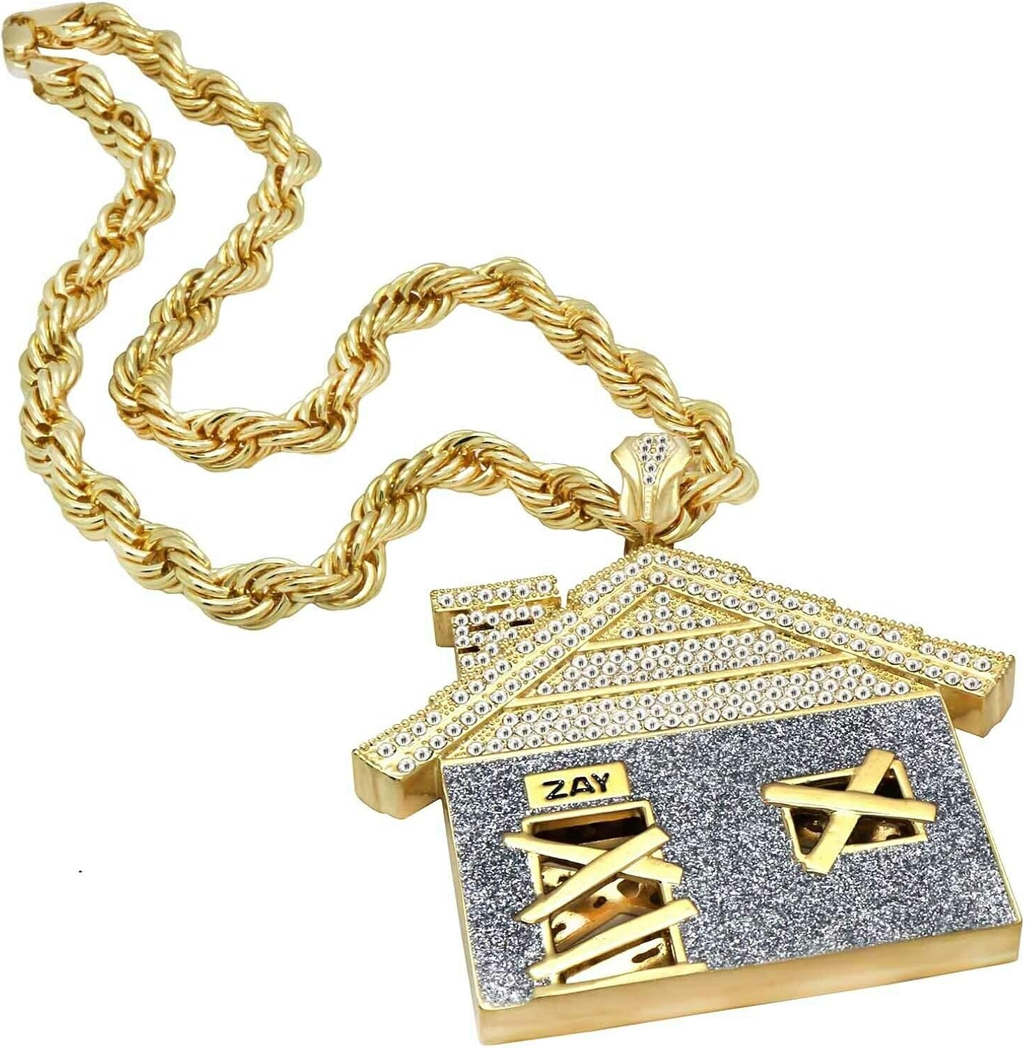 Mens 14k Gold Plated Huge Trap House Pendant / 10mm 24 inch Rope Chain