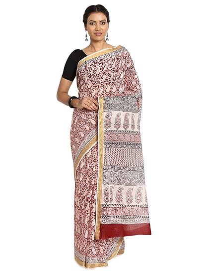 Finest Quality Cotton - Handmade Light Pink base Saree and Maroon, Black Booti, Zari Border- Bagh Block Print Saree with Blouse Piece