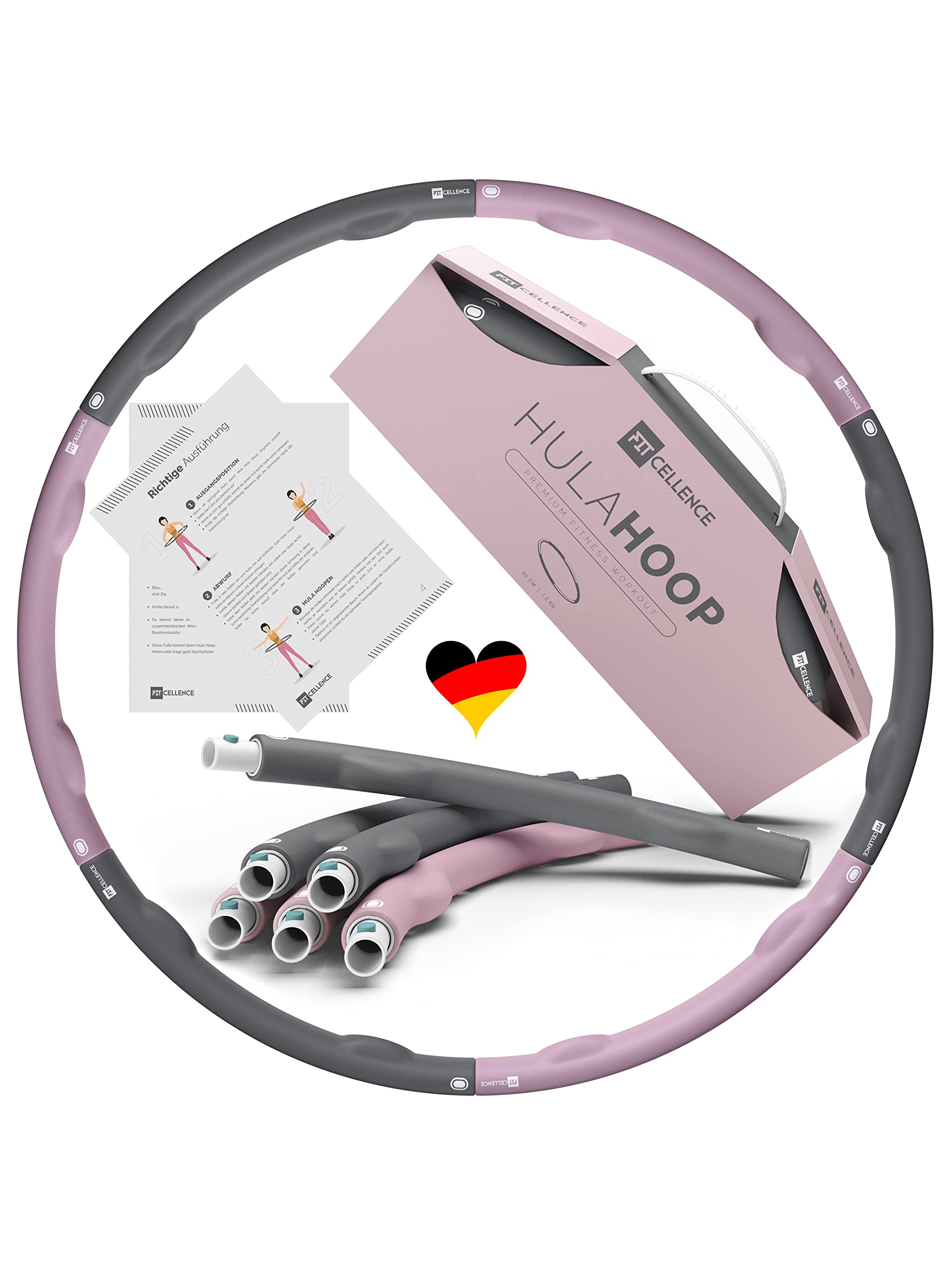FITCELLENCE® 1.2 kg, 90 cm diameter, 5-6 pieces, hula hoop for adults, for weight loss, including instructions for intensive training, beginners and professionals