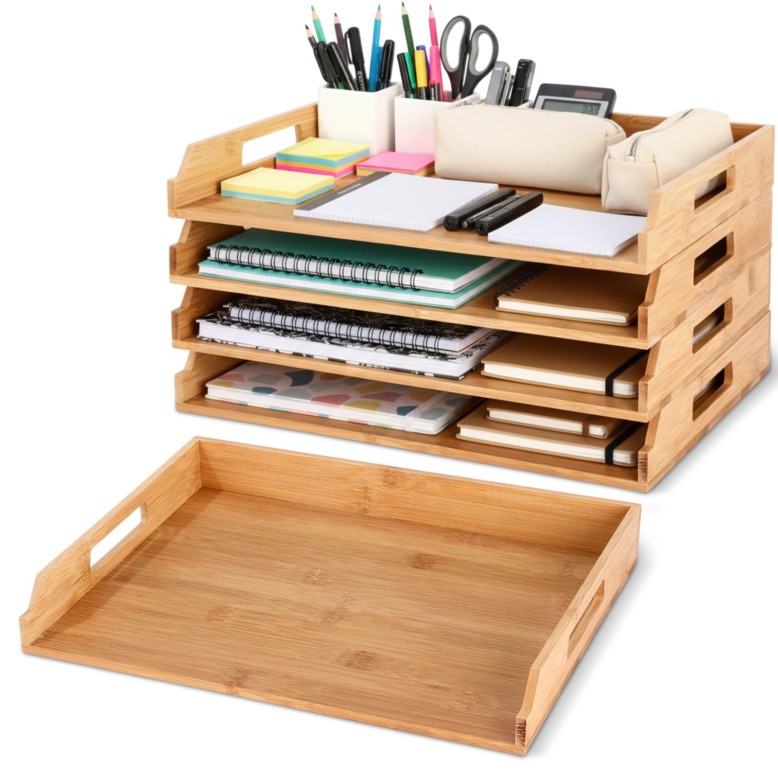 Photo 1 of AceOrbit 4 Pcs Stackable Paper Tray Bamboo Wood Desk Organizer Letter Tray 4 Tier Wooden File Organizer Desk Shelf for Documents, Letter Sorter, Envelopes and Magazine Holder