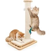 Cat Scratching Post with Sisal Mat and Wooden Base Indoor Scratcher | Stable cat scratch furniture with durable sisal post, scratch mat and hanging ball, protects furniture, easy assembly