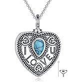 Turquoise Urn Necklace for Ashes 925 Sterling Silver I Love You with Pear Cut Turquoise Memorial Keepsake Pendant Necklace