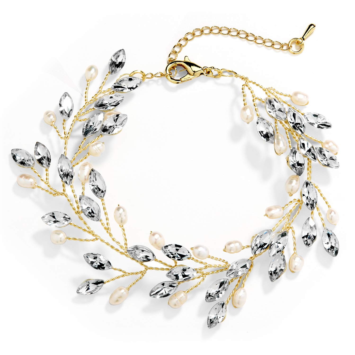 Mariell Bridal and Wedding Gold Bracelet with Crystal Gems and Freshwater Pearls, Fits 7" to 8 ½" Wrist, Regular, Metal Crystal, crystal