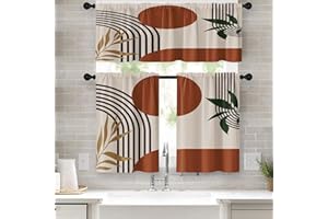 Tayney Mid Century Bohemian Kitchen Curtains Minimalist Window Curtains and Valances Set 36 Inch, Geometric Palm Leaf Sun Art Rod Pocket Short Tier Curtain, Vintage Small Curtains for Kitchen Decor