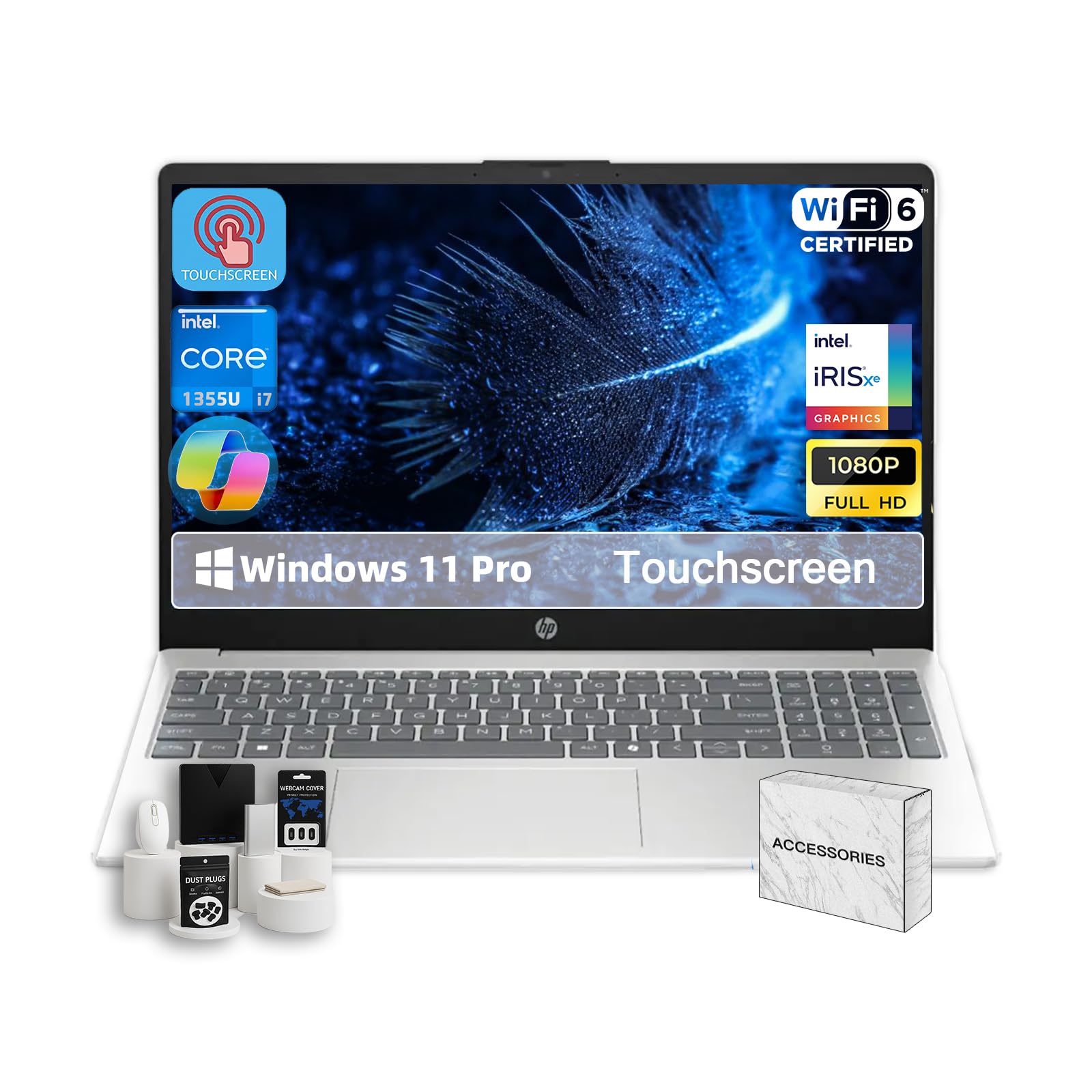 Laptop HP con pantalla táctil de 15,6 pulgadas para empresas y estudiantes: Intel 13.ª generación i7-1355U (hasta 5 GHz), 32 GB de RAM, 1 TB SSD, pantalla táctil FHD IPS, copiloto, cámara web HD, carga rápida HP, Win 11 Pro, accesorios