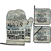 NELife Happy Camper Oven Mitts and Pot Holders Sets of 4,Resistant Hot Pads with Polyester Non-Slip BBQ Gloves for Kitchen,Cooking,Baking,Grilling