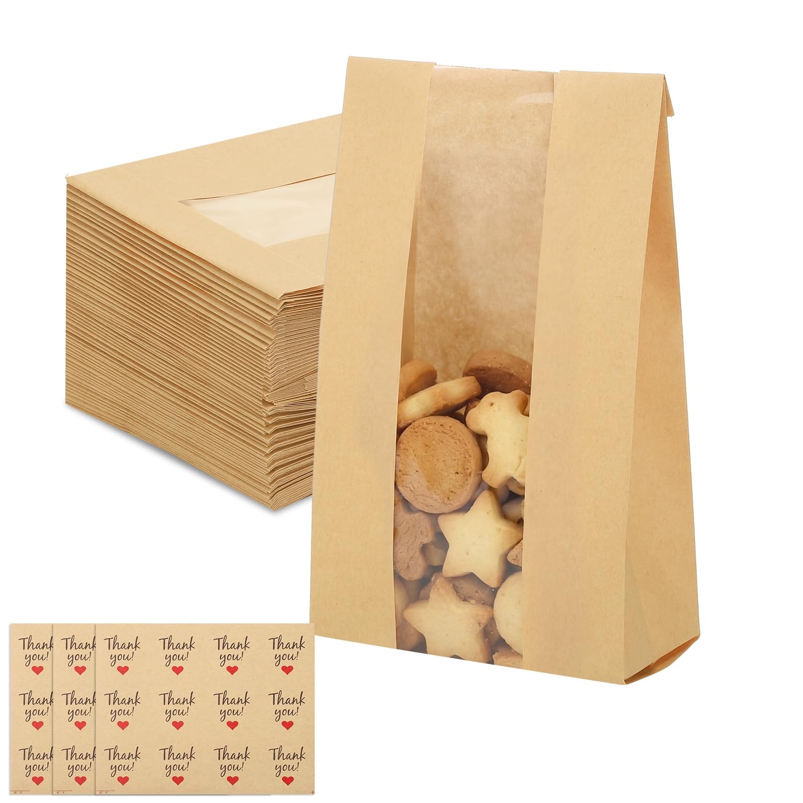 Photo 1 of 130 Pcs Cookie Bags With Window, 9.6"x4.7"x2.36" Small Paper Treat Bags with 144 Stickers for Homemade Cookies Candy Coffee Bean Popcorn Muffin Easter Party Favor