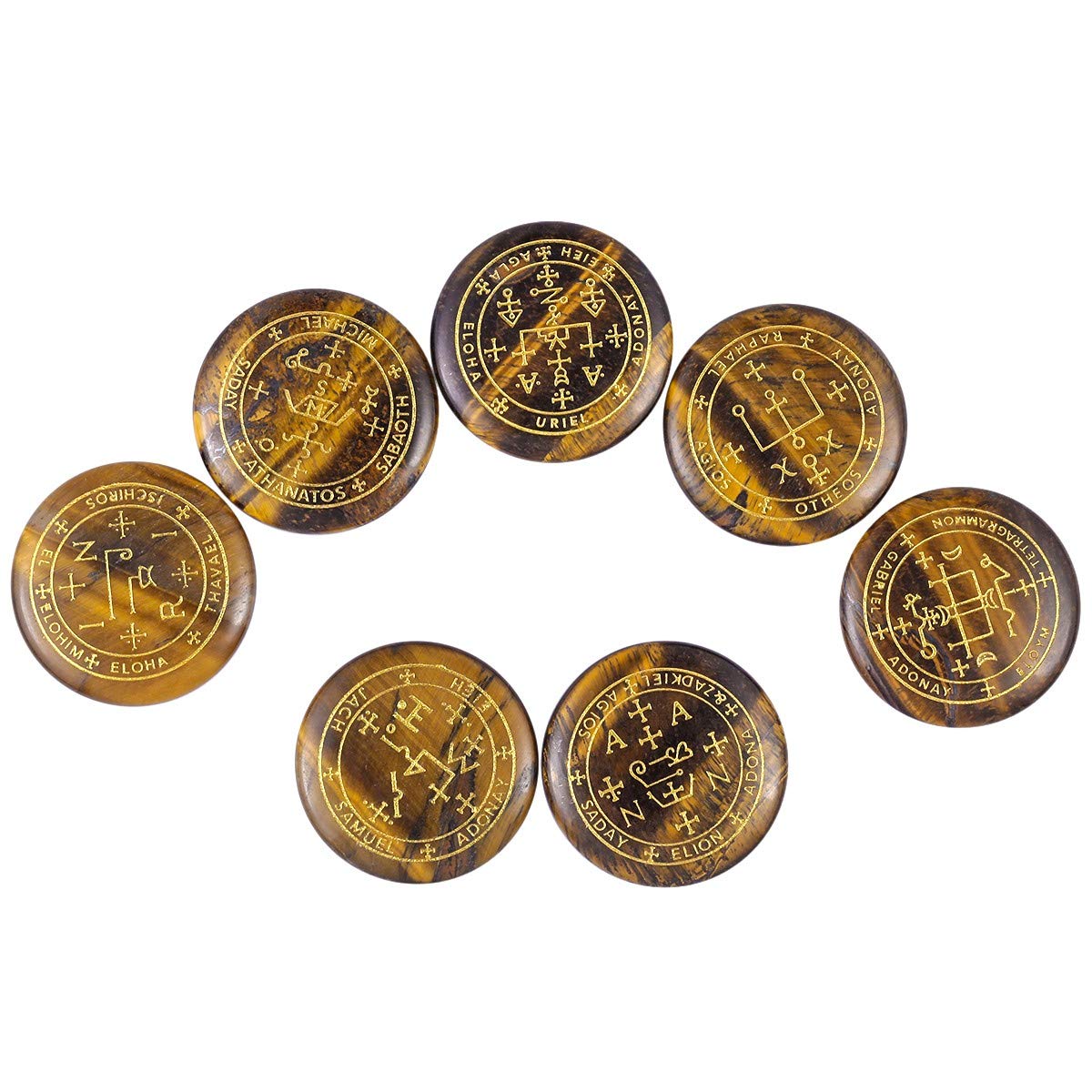 mookaitedecor 7pcs Tiger's Eye Crystals Healing Crystal Grid Set with Engraved Magic Archangel Sigils Symbols for Meditation Pocket Palm Stones Spiritual Crystal Set Witchcraft Witch Gifts Decor