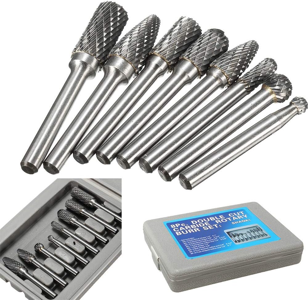 Sandistore Clearance! Carbide Burrs Set - 8pcs Double Cut Solid Carbide Rotary Burr File Set 1/4 Inch Shank for Die Grinder Drill, Metal Carving,Polishing,Engraving(Ship From USA)