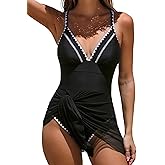 popvil Women's One Piece Swimdress 2026 V Neck Tummy Control Swimsuit with Mesh Skirt Sexy Bathing Suit