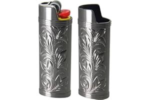 KIBBEH 2 Pack Metal Lighter case Cover, Vintage Floral Stamped Lighter Protective Cover Holder Fit for BIC Full J6 Series Lighter