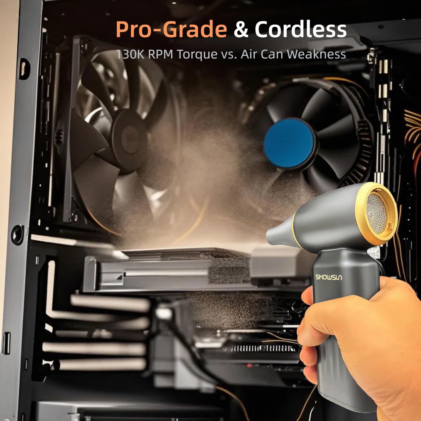 SHOWSUN Electric Air Duster, Compressed Air Duster, 130000RPM Brushless Motor Cordless Leaf Blower, Long Runtime 8000mAh Rechargeable Air Broom for PC Keyboard, Car, Home and Outdoors Cleaning