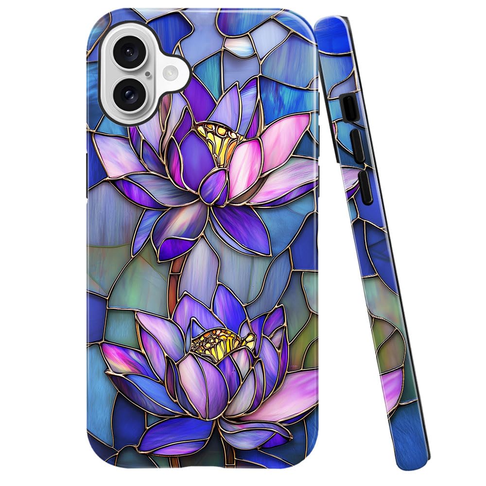 DAIZAG Case Compatible with iPhone 16 Plus,Glossy Durable Shock Protection Cover for Girl Women,Stained Glass Purple Lotus Flowers