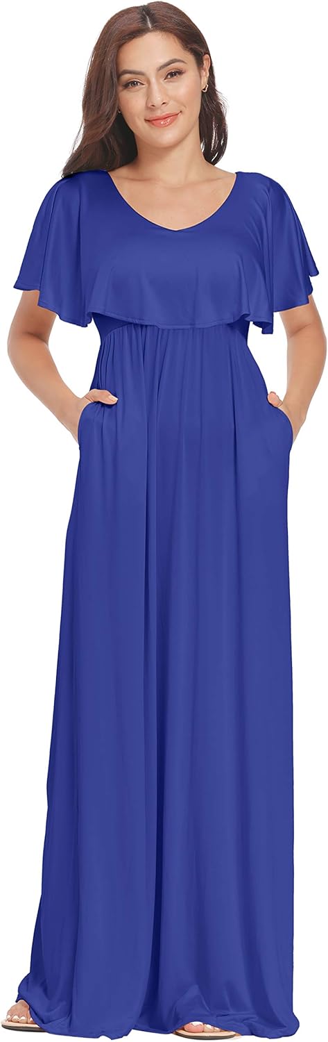 2 Style V-Neck or Off Shoulder Ruffle Maternity Maxi Dress with Pockects for Photoshoot or Baby Shower at  Women’s Clothing store