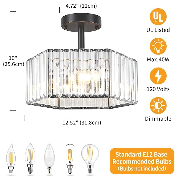 TOULMJ MODERN BLACK SEMI FLUSH MOUNT CEILING LIGHT, 3-LIGHT CRYSTAL ENTRYWAY LIGHT FIXTURE CLOSE TO CEILING KITCHEN LIGHTING, HALLWAY LIGHT FIXTURES FLUSH MOUNT CHANDELIER FOR BATHROOM BEDROOM FOYER