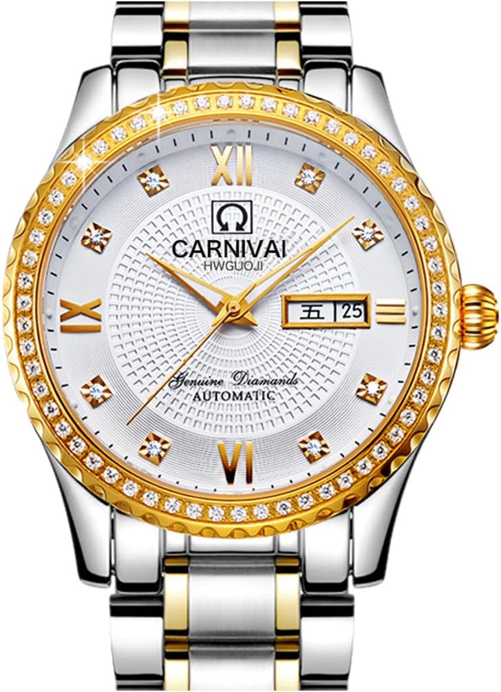Mens 25 Jewels Automatic Gold Watches with Mineral Mirror Calendar Diamonds Luminous Watch White