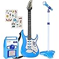 Best Choice Products Kids Electric Musical Guitar Play Set, Toy Guitar Starter Kit Bundle w/ 6 Demo Songs, Whammy Bar, Microphone, Amp, AUX, 2 Sticker Sheets - Electric Blue