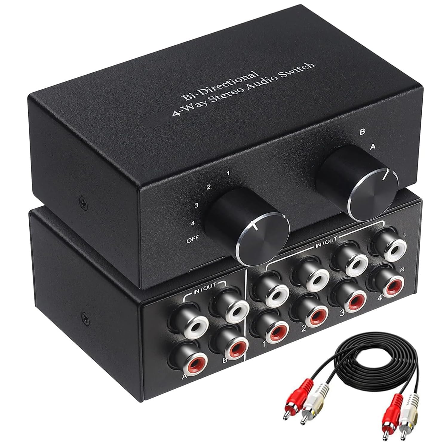 UNSTINCER RCA L/R Audio Switch 4(2) in-2(4) out, Bidirectional Noiseless hifi Stereo Audio Splitter Box, Analogue Aux Line Selector for Headphone Game Console Soundbar TV Speaker Turntalbe, Metal — image 1