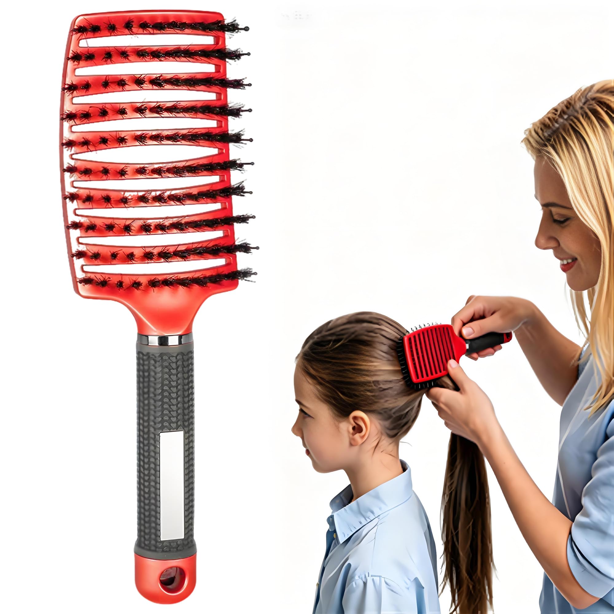 Pop Magic Detangling Hair Brush for Women and Kids, Boar Bristle Paddle Brush for Blow Drying, Wet Hair, Long, Thick, Curly, Afro Hair (Red)