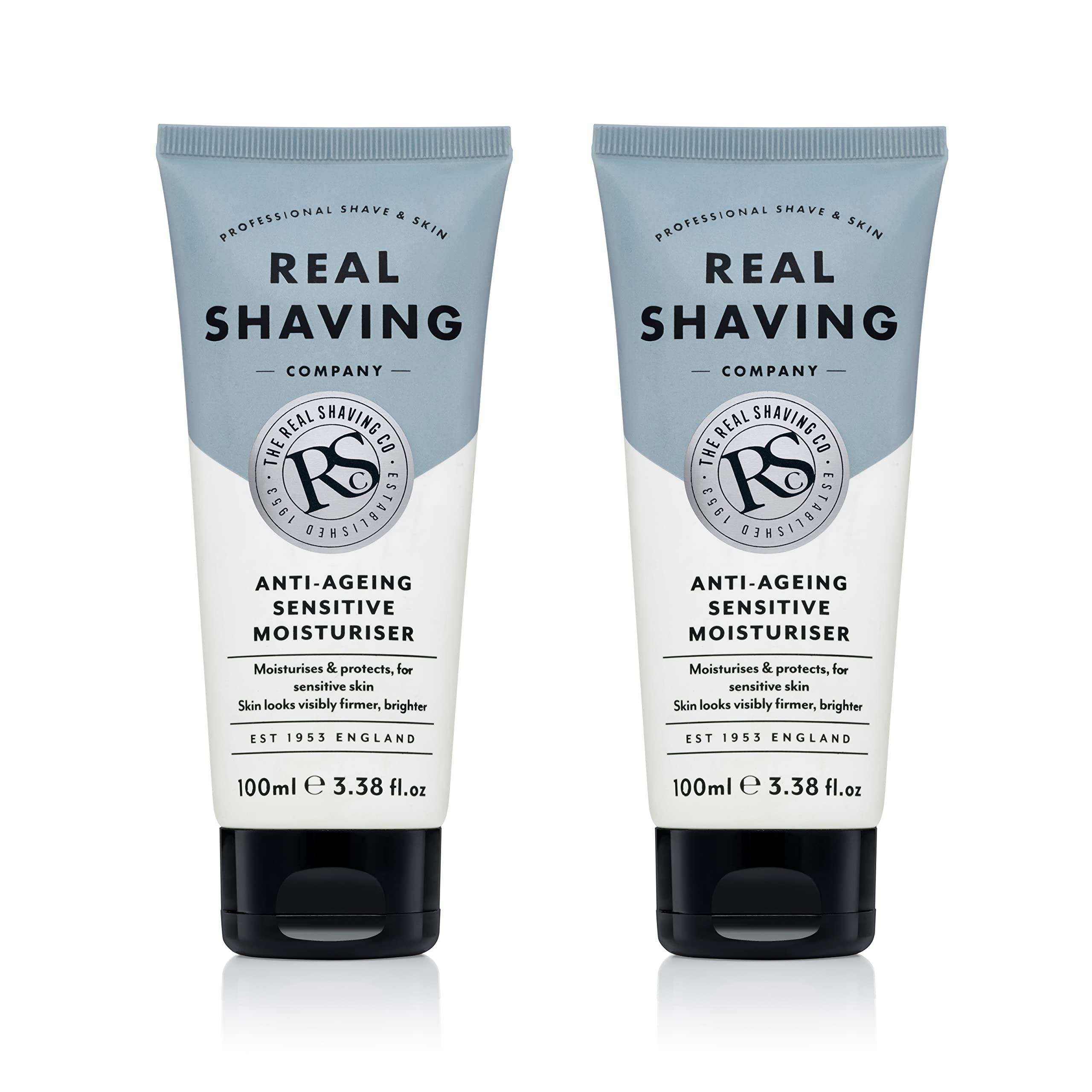 The Real Shaving Company Anti-Ageing Sensitive Moisturiser - Moisturises & Protects for Sensitive Skin, Visibly Firmer and Brighter Skin 2 x 100 ml