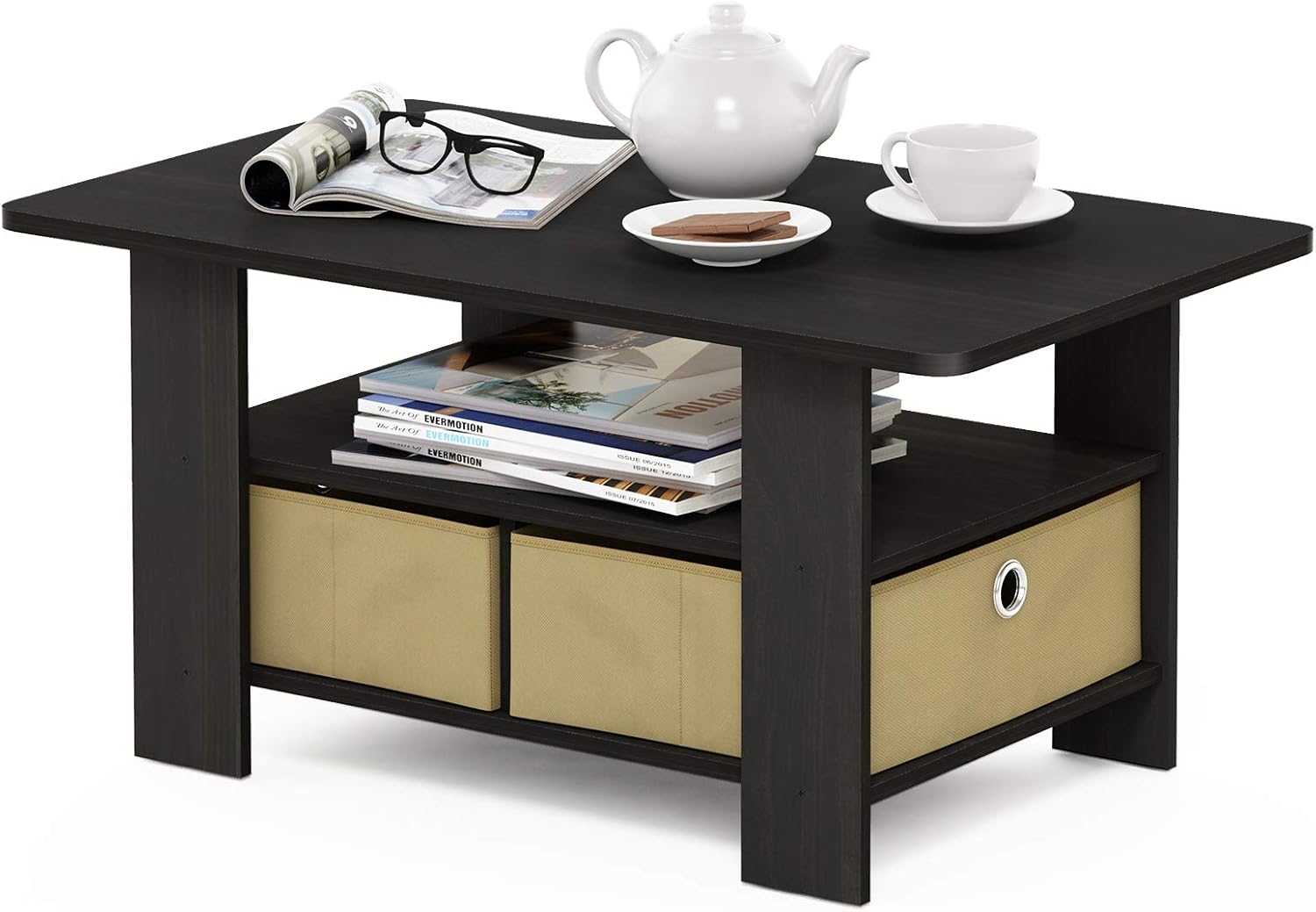 Furinno Coffee Table with Bins, Espresso/Brown: Kitchen & Dining