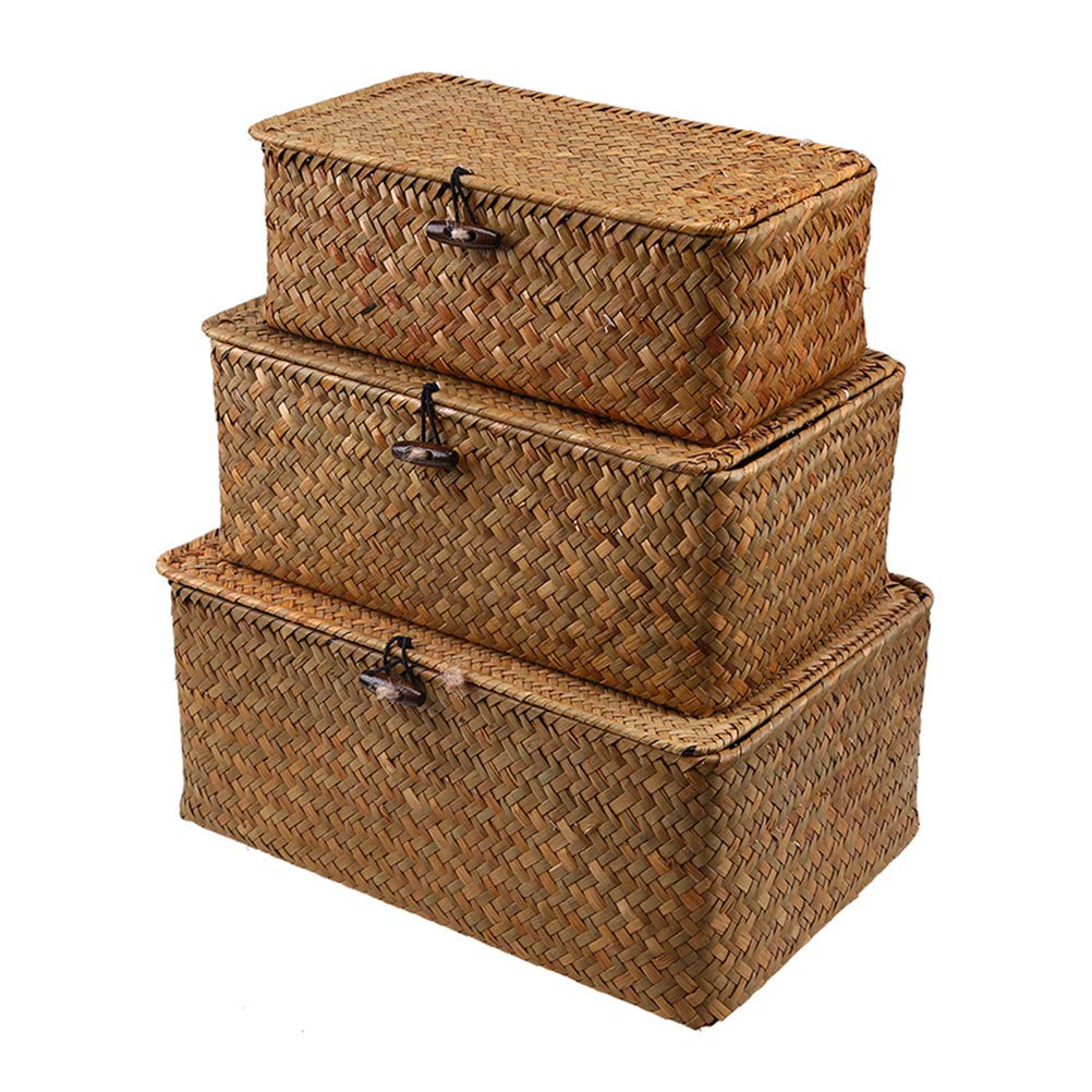 Wicker Storage Basket Woven Rattan Storage Box With Lids Seagrass Laundry Baskets Makeup Organizer For Bathroom, Living Room, Kitchen (S+M+L)