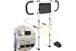 AMOVO Bed Rails for Elderly Adults Safety Bed Guard Rails for Seniors Extended Handle Bed Assist Rail with Sensor Light Storage Pouch, Stable Bedside Cane Support Bar Grab, Fit King Queen Full Twin