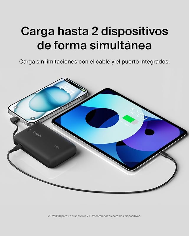 Bateria externa Belkin BoostCharge de 10.000 mAh, Power Bank portátil com cabo PD integrado (20 W), entrega de energia de carregamento rápido USB-C 10K, carregador móvel, preto