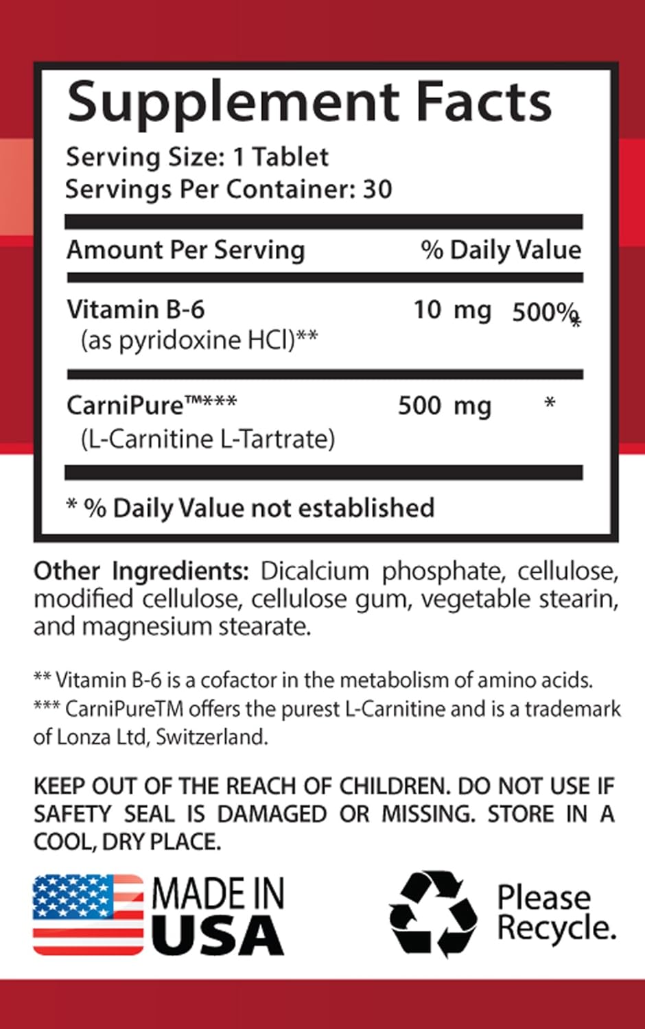 Metabolism Accelerator - Natural L-CARNITINE 500MG - Vitamin b 6 Supplement - 3 Bottle (90 Tablets): Health & Personal Care