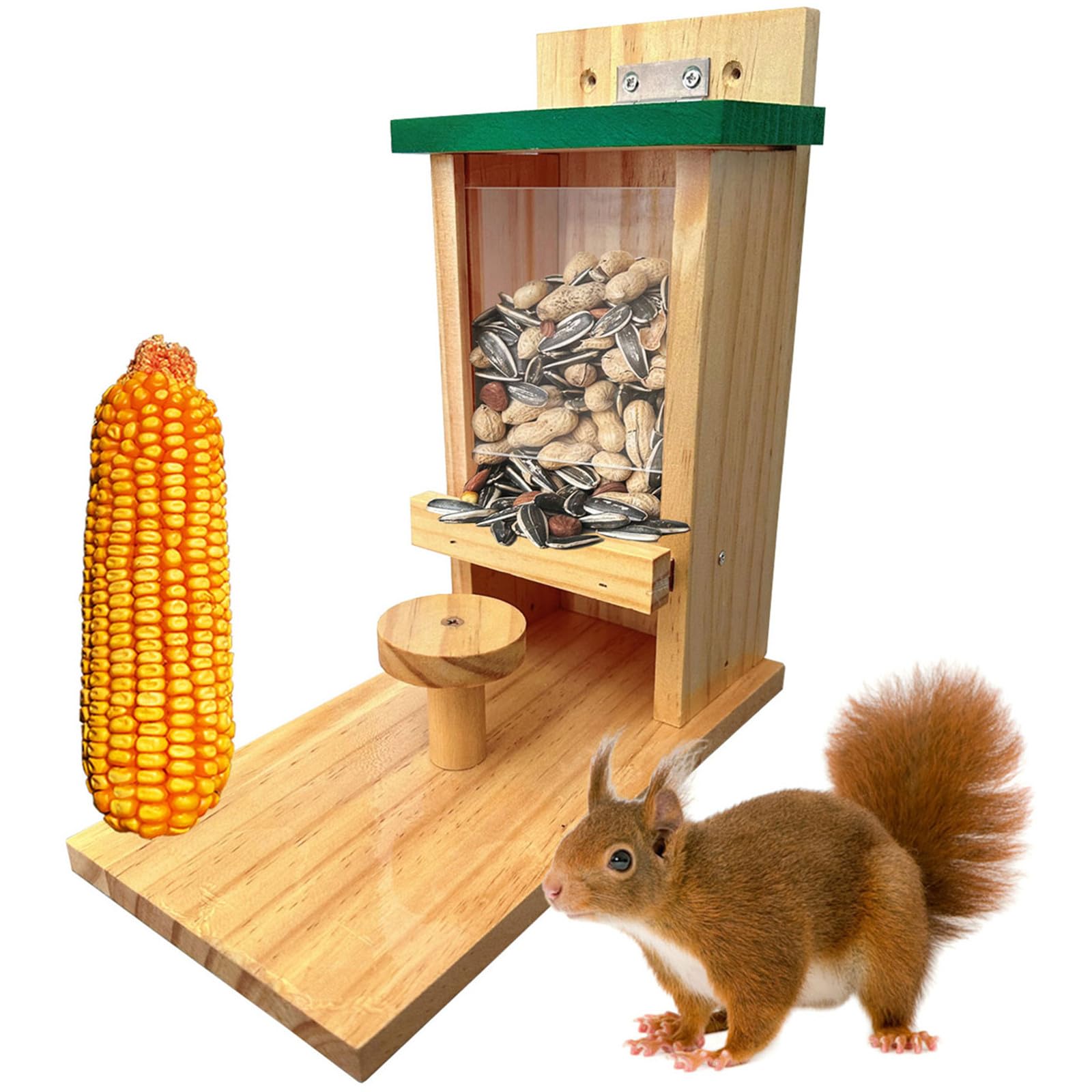 Photo 1 of LENEDI Wooden Squirrel Feeder, Squirrel Feeders for Outside with Corn Cob Holder and Round Stool, Wood Waterproof Picnic Table Funny Chipmunk House Nuts Bar for Backyard Garden Outdoor