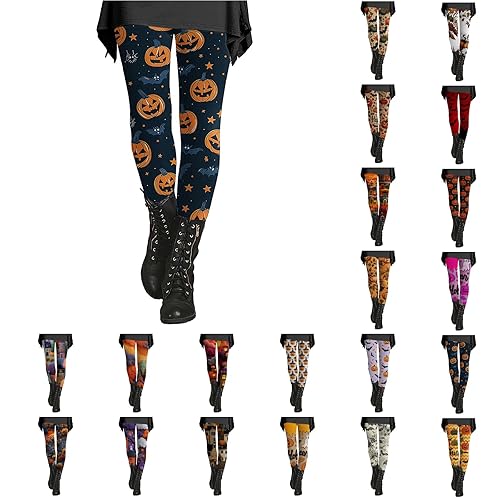 DUHGBNE Halloween Gym Leggings for Women Halloween Leggings for Women UK Pumpkin and Bat Printed Non See Through Fashion Themed Yoga Pants W Girls