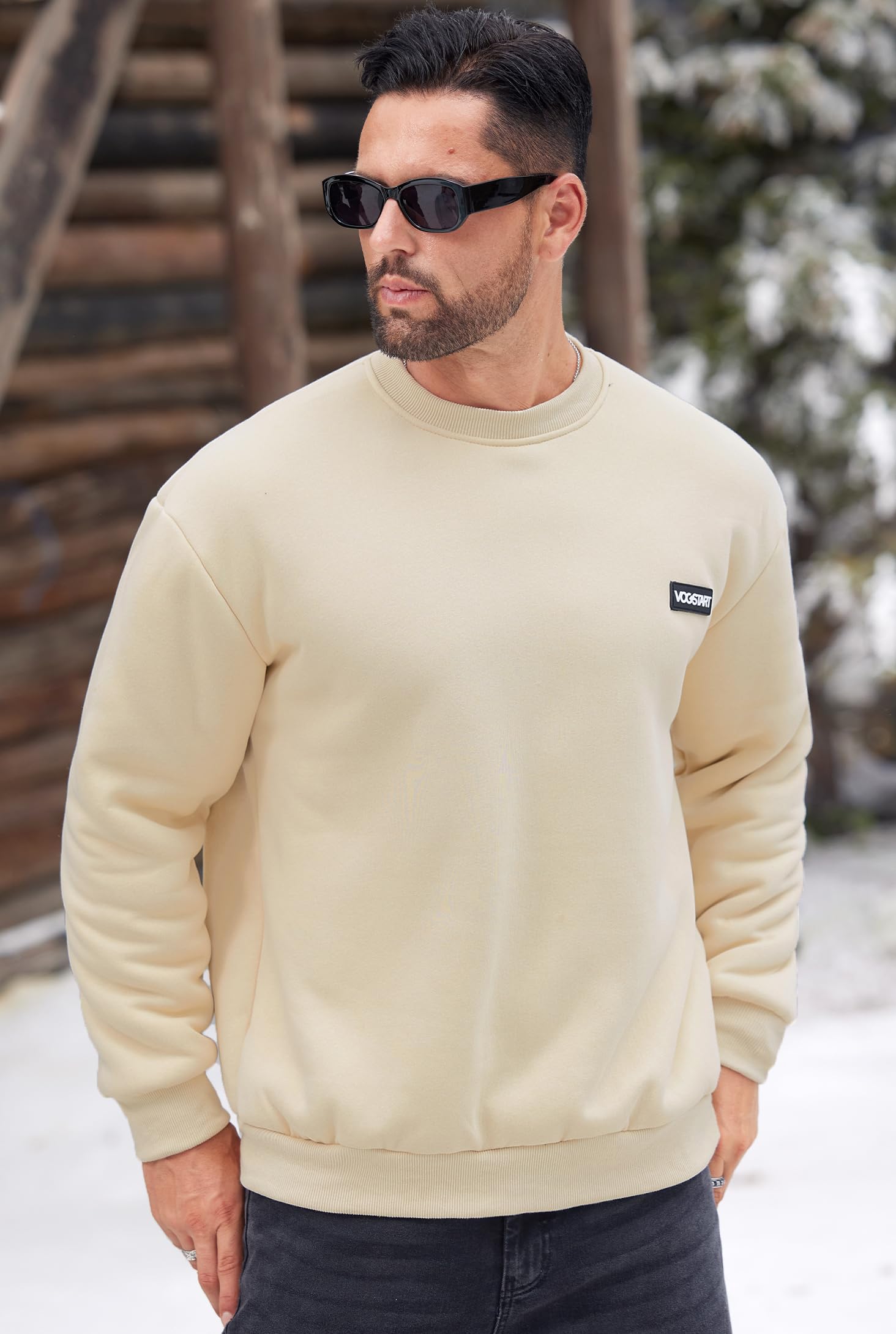 VOGSTART Herren Winterpullover Pullover Gefüttert Fleecepullover Dicker Warm Fleece Warme Baum Winterpullover Beige L 2