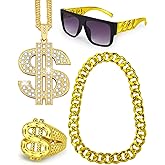 Hoedia 4 Pack 8090s Hip Hop Costumes Kit Outfits for Men,Fake Gold Chain,Sunglasses,Dollar Sign Ring&Chain Rapper Accessories