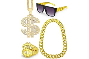 Hoedia 4 Pack 8090s Hip Hop Costumes Kit Outfits for Men,Fake Gold Chain,Sunglasses,Dollar Sign Ring&Chain Rapper Accessories