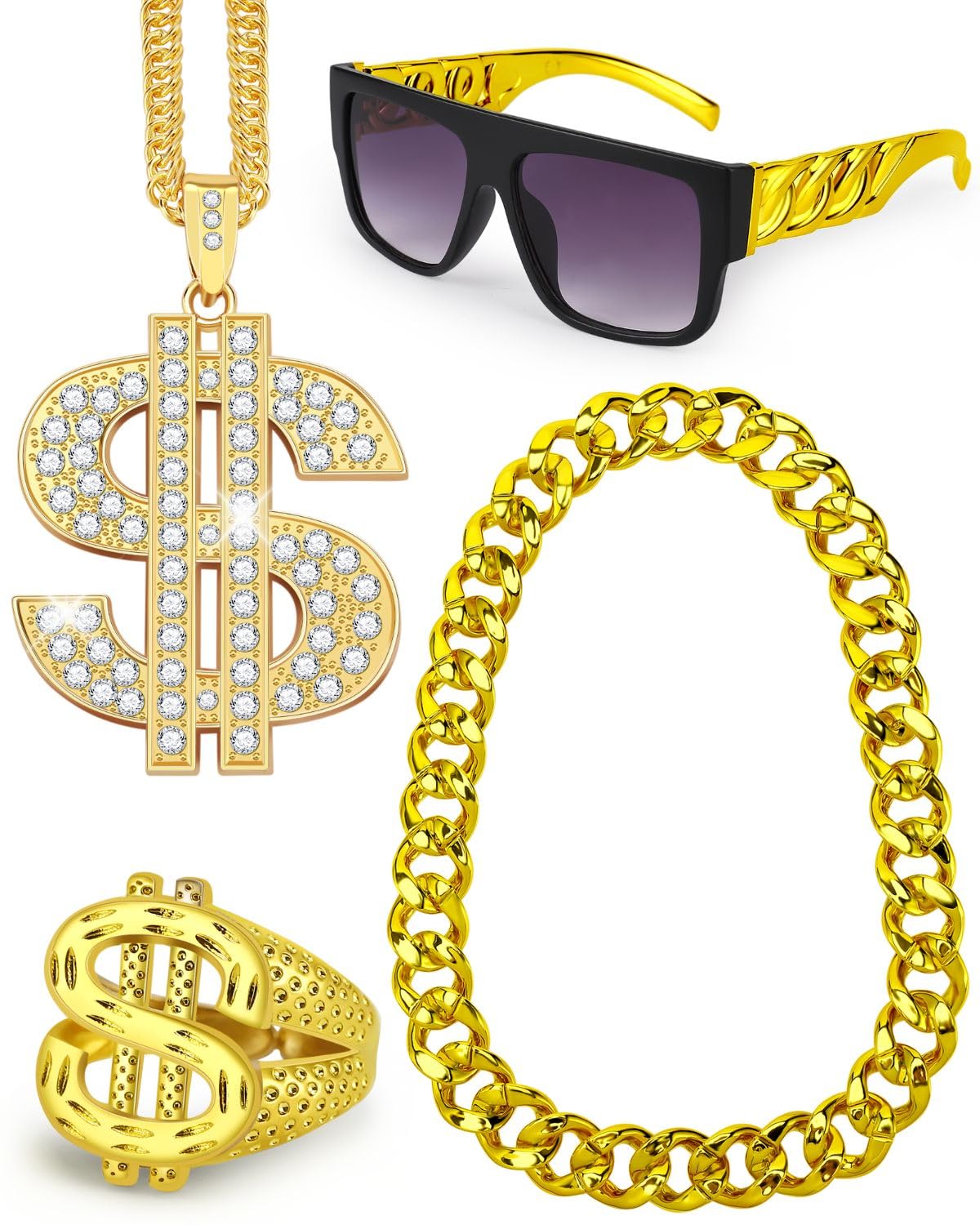 Hoedia 4 Pack 8090s Hip Hop Costumes Kit Outfits for Men,Fake Gold Chain,Sunglasses,Dollar Sign Ring&Chain Rapper Accessories