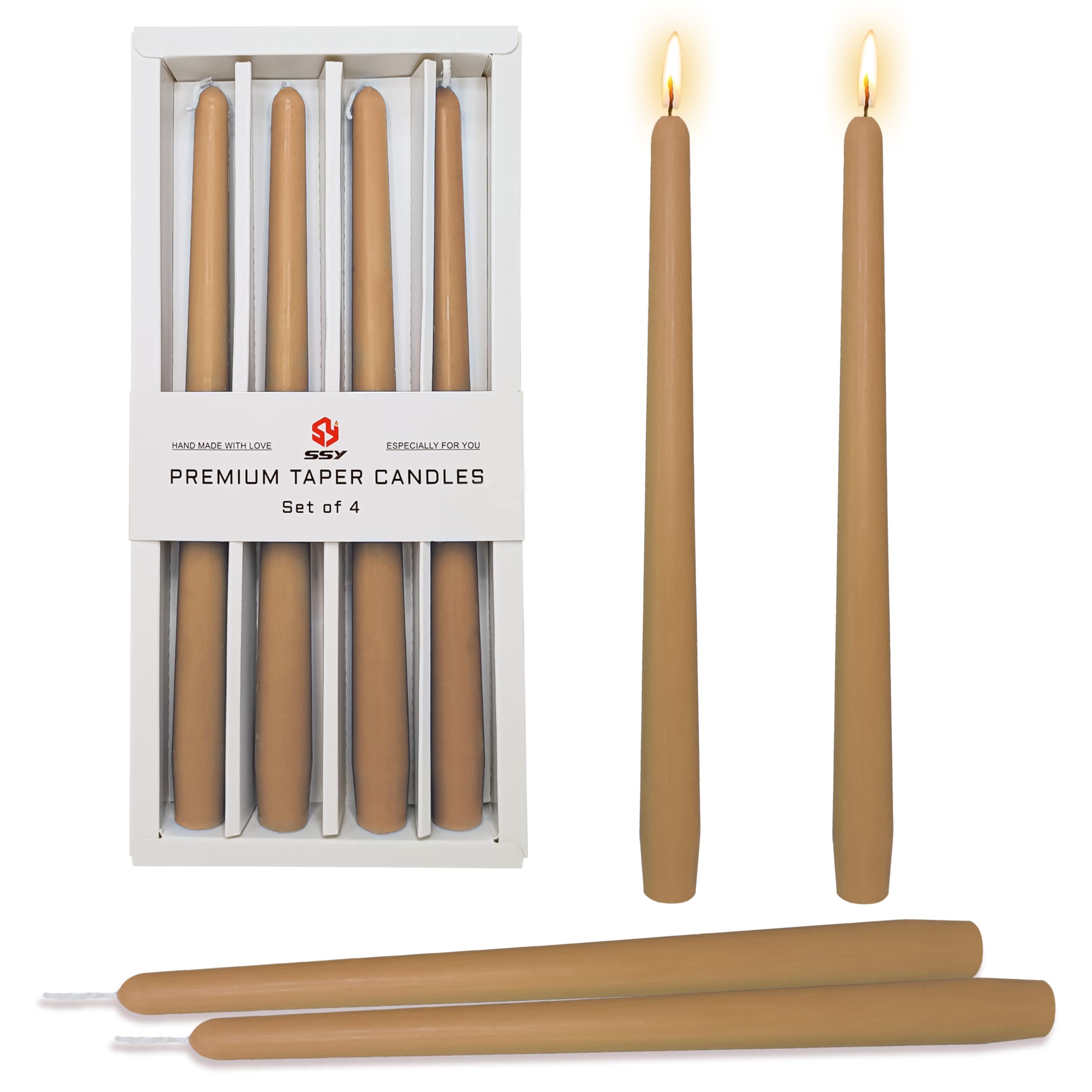 Photo 1 of 10 Inch Taper Candles Candle Sticks Unscented Handmade Set of 4 Smokeless Long Candle Dripless Tapered Candles for Activities Home Decoration(Brown)