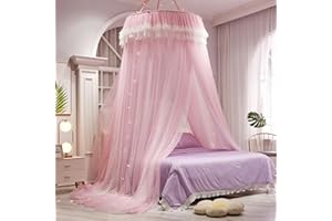 AIKASY Girls and Adults Canopy Bed, Elegant Double-Layer Bed Curtain, Children's Dream Round Lace Mosquito Net, Princess Canopy Net - Fits Twin, Full, Queen, and King Beds (White/Pink)