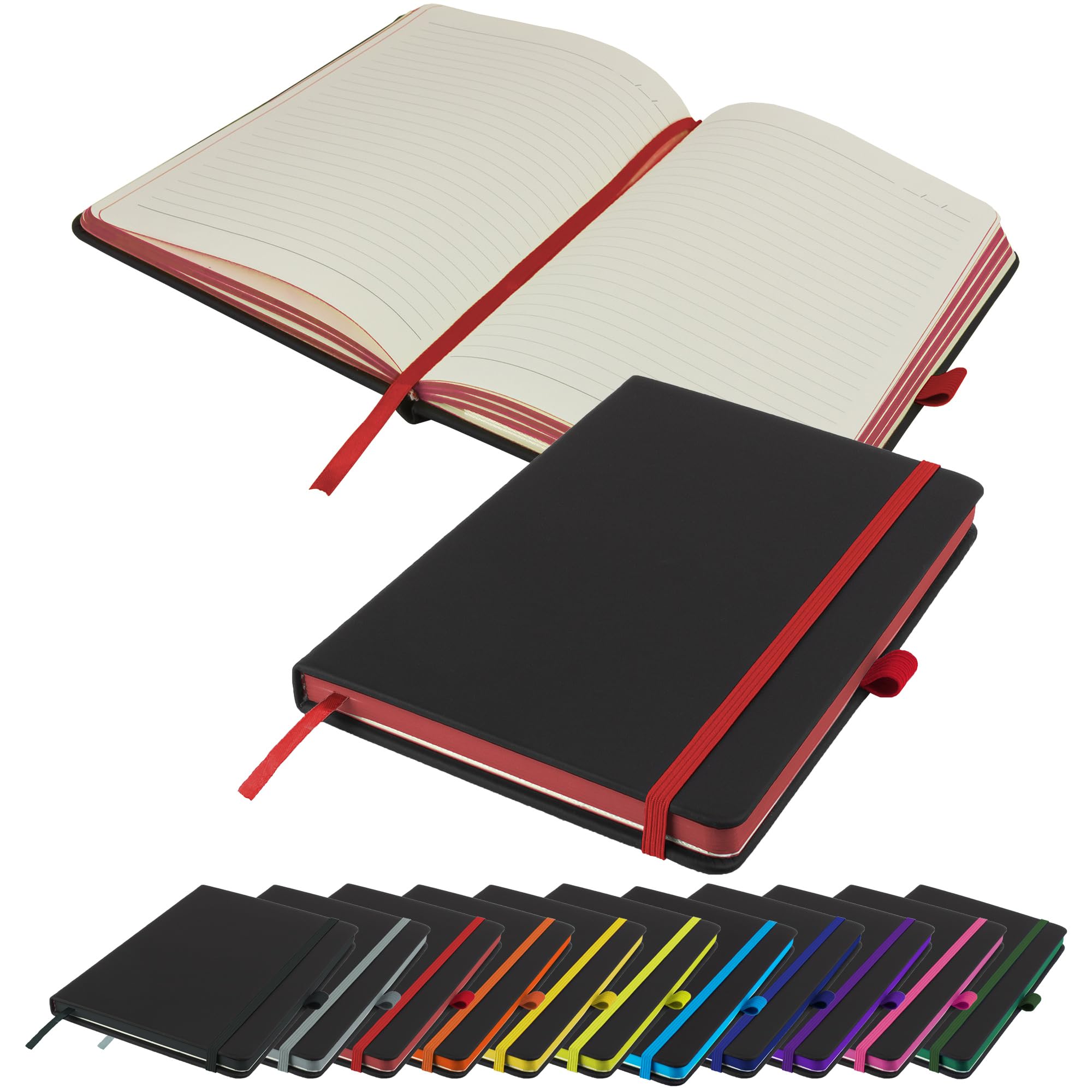 Savvy Bee Executive Contrasting paper edge A5 Notebook New Lined Hardback Journal with pen loop, elastic, ribbon, paper pocket & 196 pages Notepad Note Book Notes Diary Pad (Red)