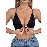 OYOANGLE Women's Lace Heart Ring Wireless Bra Front Closure Bralette Plunge Lingerie Top