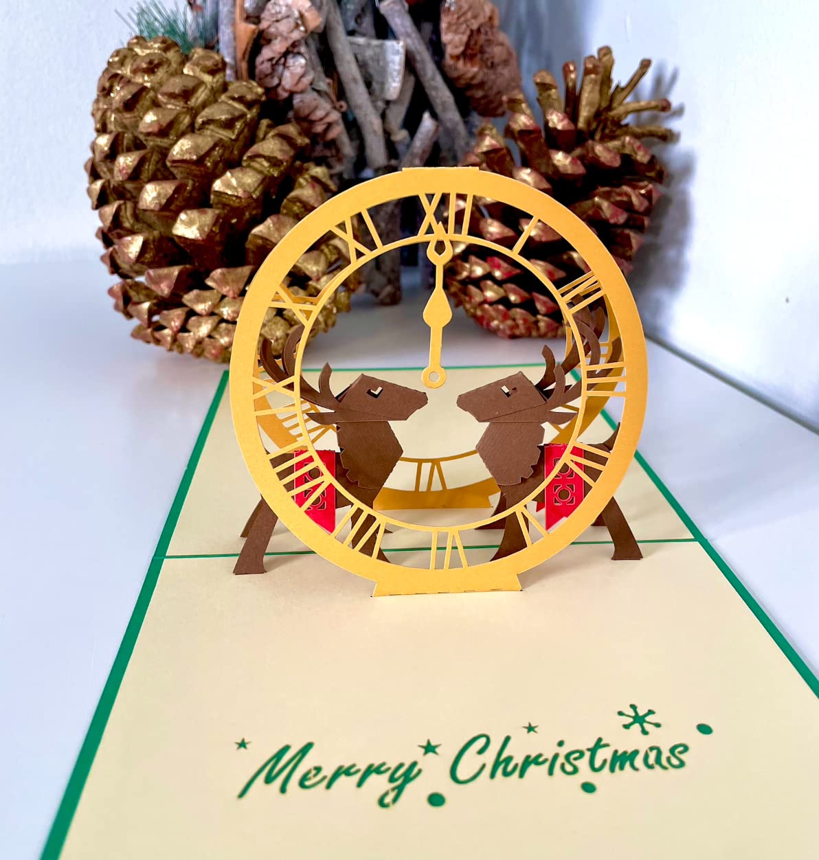 Merry Christmas Elegant Reindeer Clock 3D Pop Up card.A Delightful holiday surprise greeting card gift for kids, friends, family and loved ones. For Christmas decor and parties.15cmx15cm