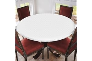 Covers For The Home Deluxe Elastic Edged Flannel Backed Vinyl Fitted Table Cover - Quilted White Pattern - Large Round Oblong Oval - Fits Tables up to 45" - 56" Diameter