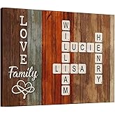 CENOVACY Custom Family Crossword Canvas Wall Art with Names, Personalized Family Scrabble-Style Word Puzzle Sign with Rustic Wood Background, Name Customizable Wall Decor for Home or Gift