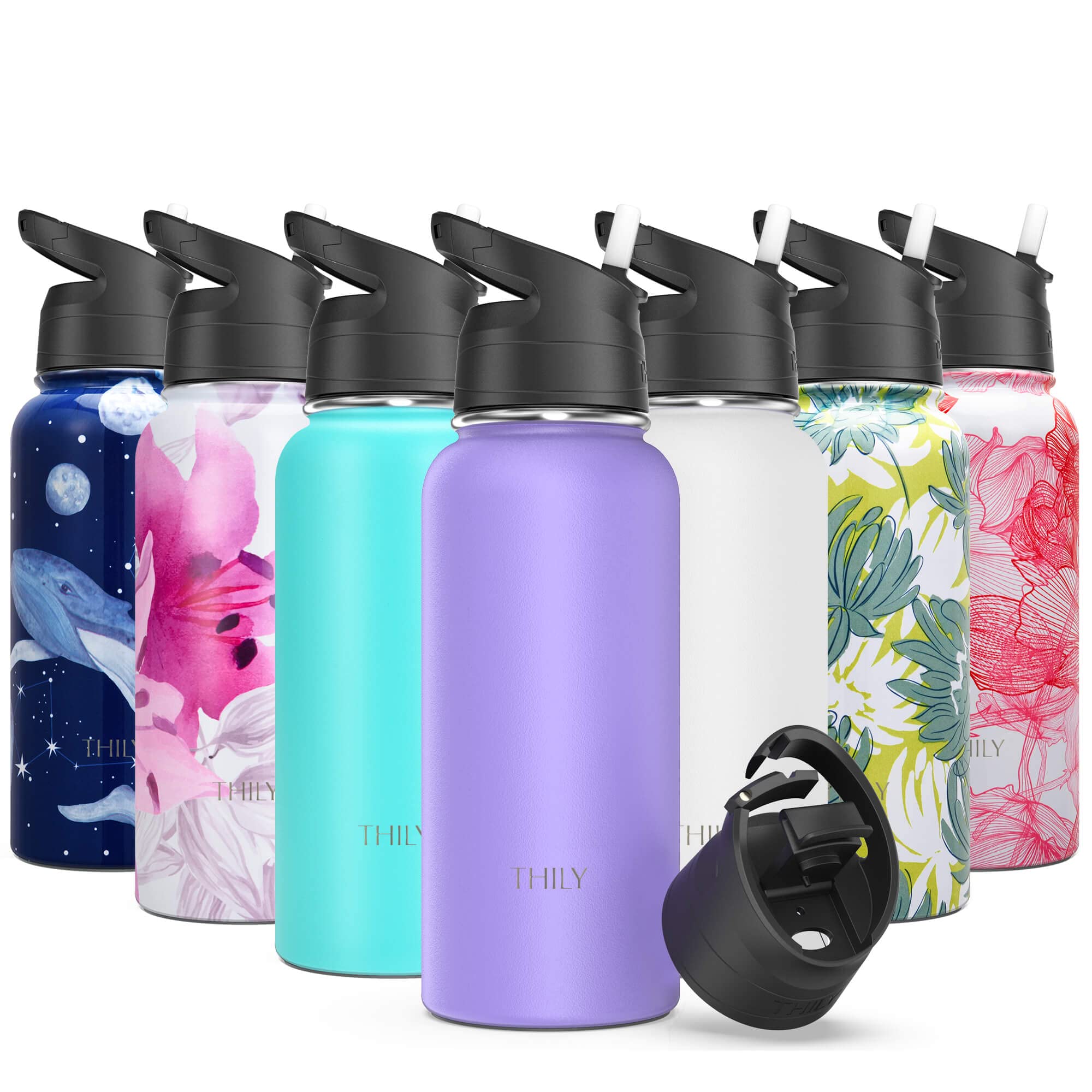 Vacuum Insulated Sports Water Bottle - THILY 32 oz Stainless Steel Leakproof Wide Mouth Water Flask with Flip Lid and Straw Lid, Keep Hot 12 Hours Cold 36 Hours, Powder Coated, Lavender