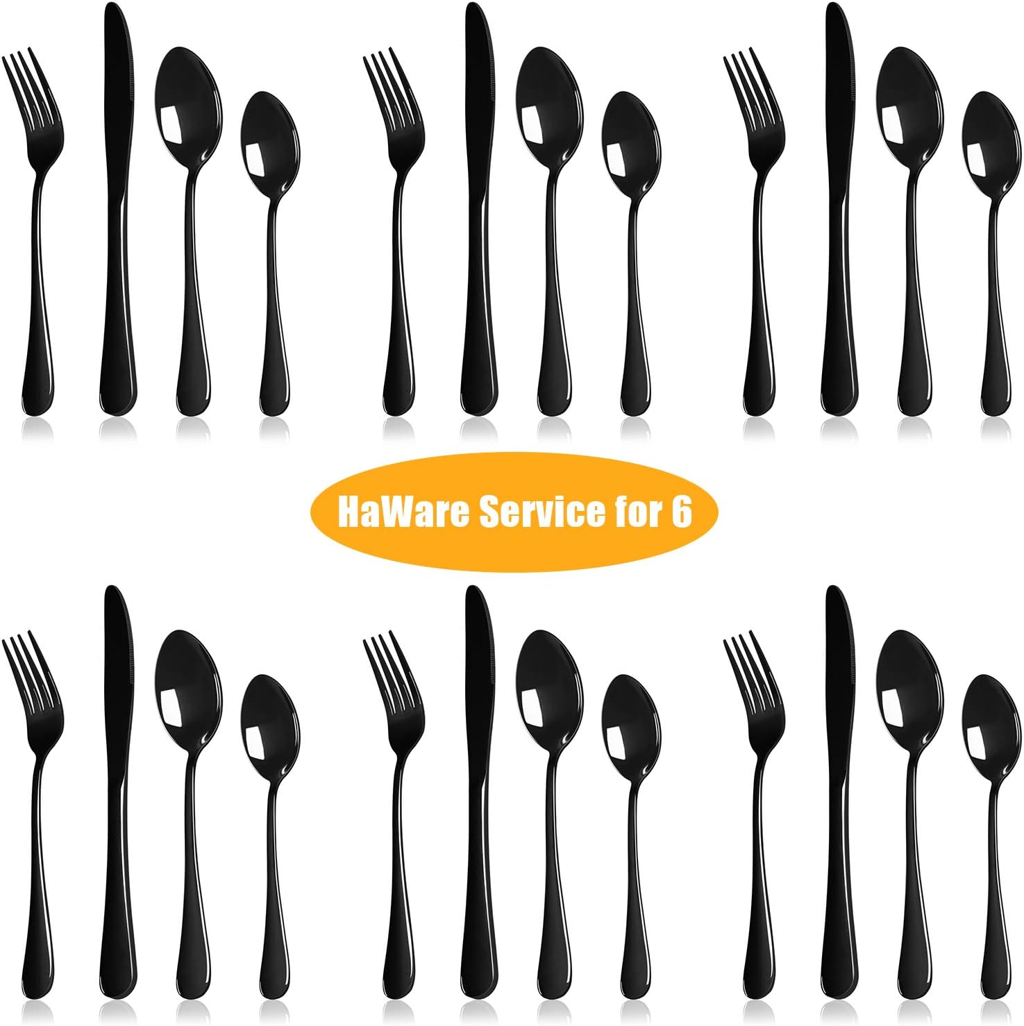HaWare 24 Piece Black Cutlery Flatware Set, Stainless Steel Silverware with Knife Spoon Fork, Service for 6, Mirror Finish - Image 3